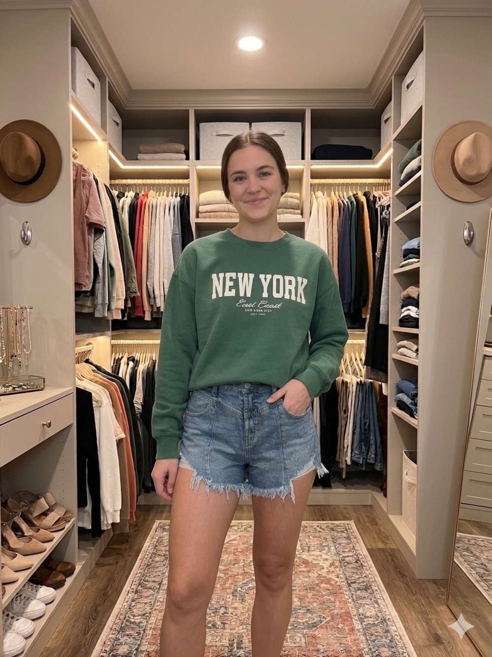 2 pc Green "New York" Crewneck Sweatshirt with short shorts.